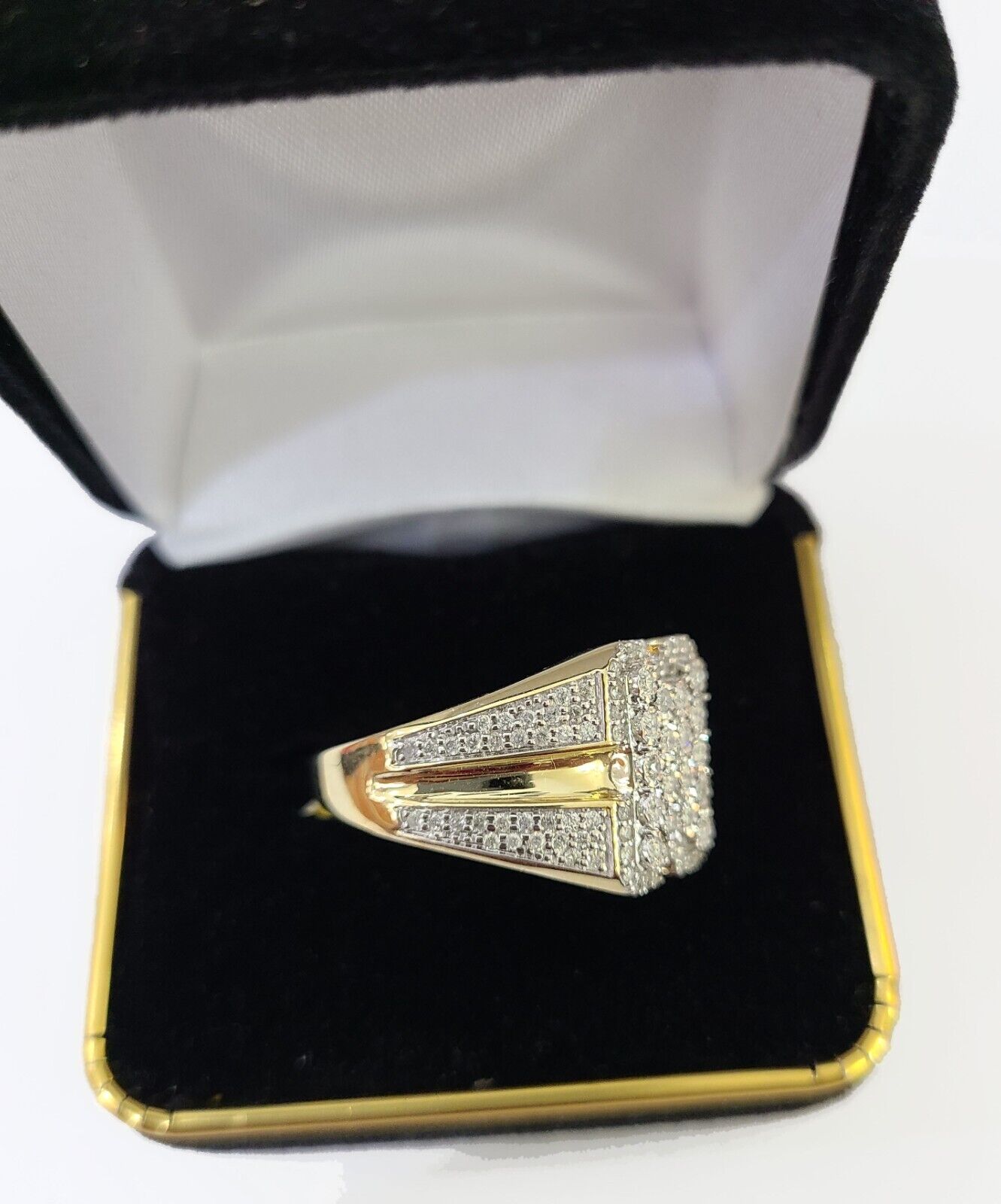 Real 10k Yellow Gold White Diamond Ring Rectangle Shaped Size 10 Mens Ring