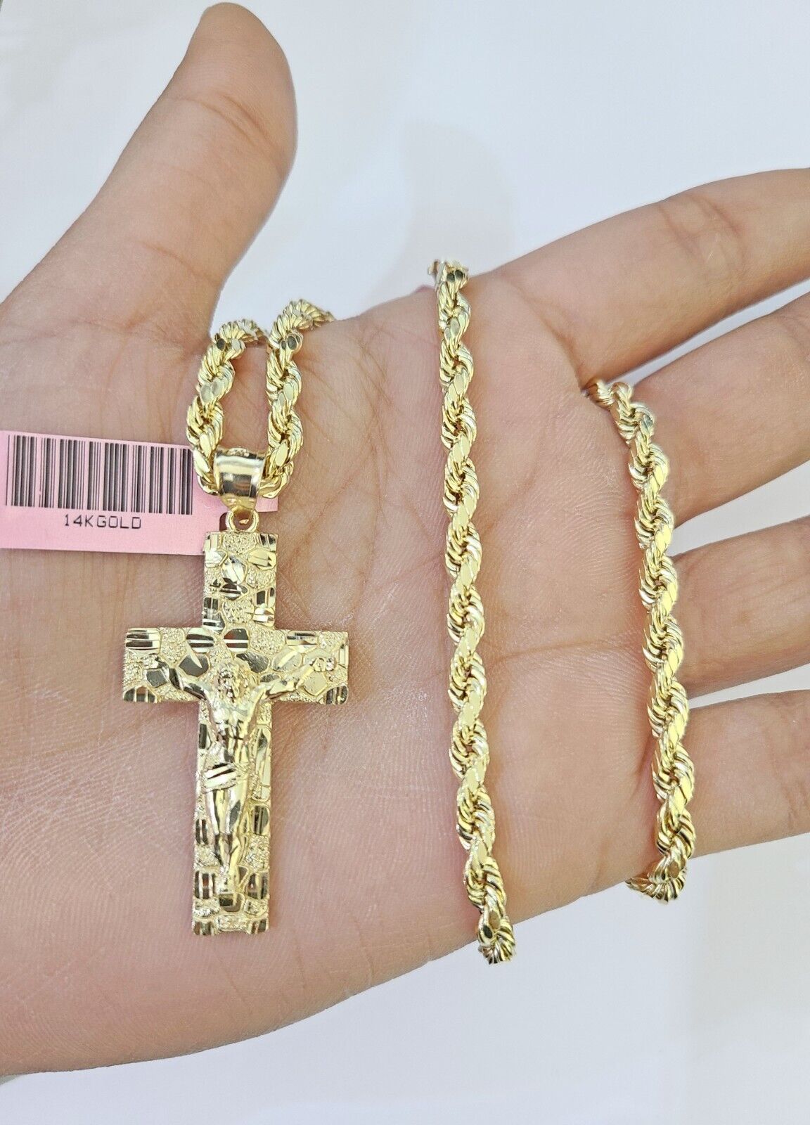 14k Yellow Gold Rope Chain Cross Pendant Charm SET 4mm 22 Inch Necklace REAL