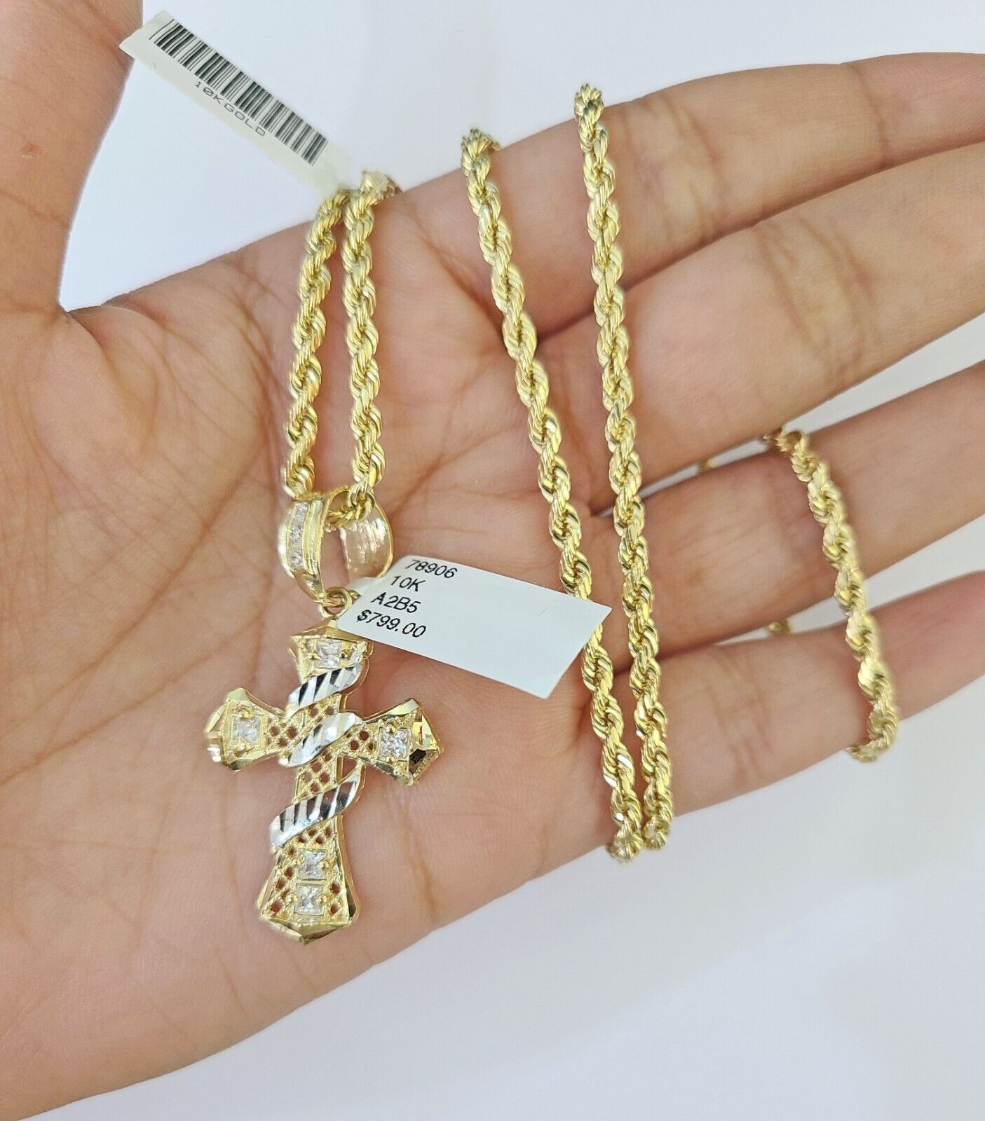 10k Gold Spiral Cross Charm Rope Chain 3mm 18'' Set Yellow Diamond Cut Real