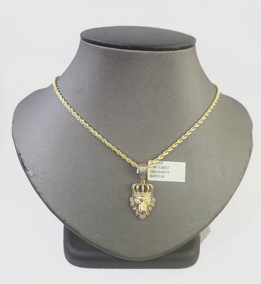 10k Gold Lion Head Diamond Charm and 2.5mm 18 Inches Rope Chain