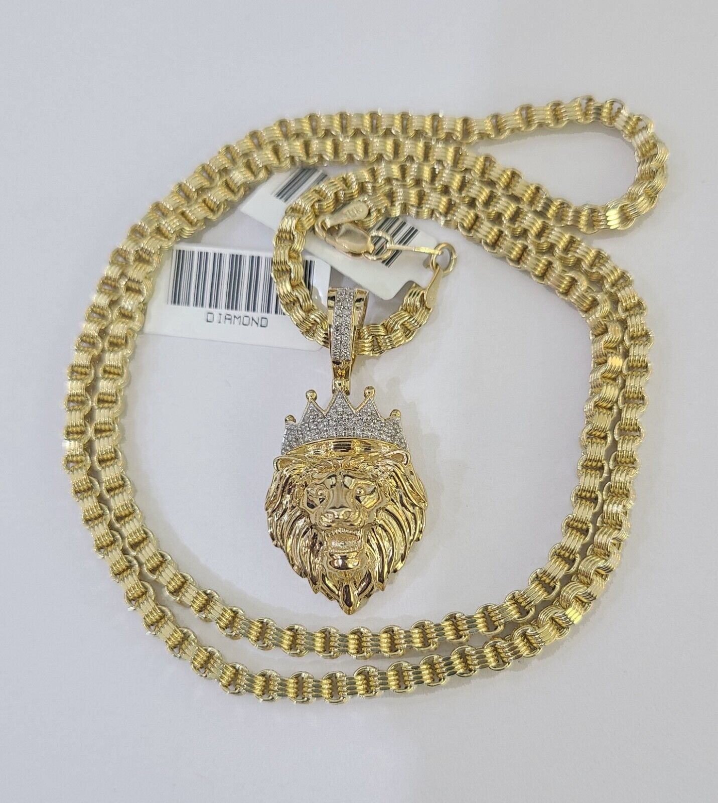 Real 10k Diamond Lion Charm Byzantine Chain Necklace 3mm 22" SET 10kt Genuine