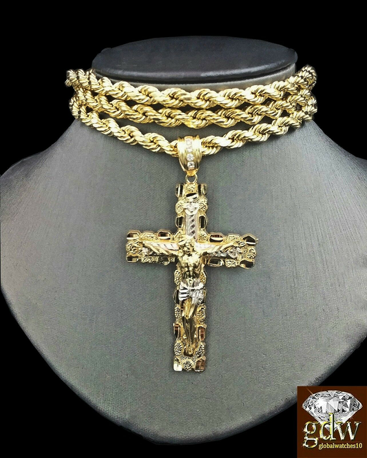 10k Real Gold Cross Charm Pendant 6mm Rope Chain Set 18" 22" 24" 26"