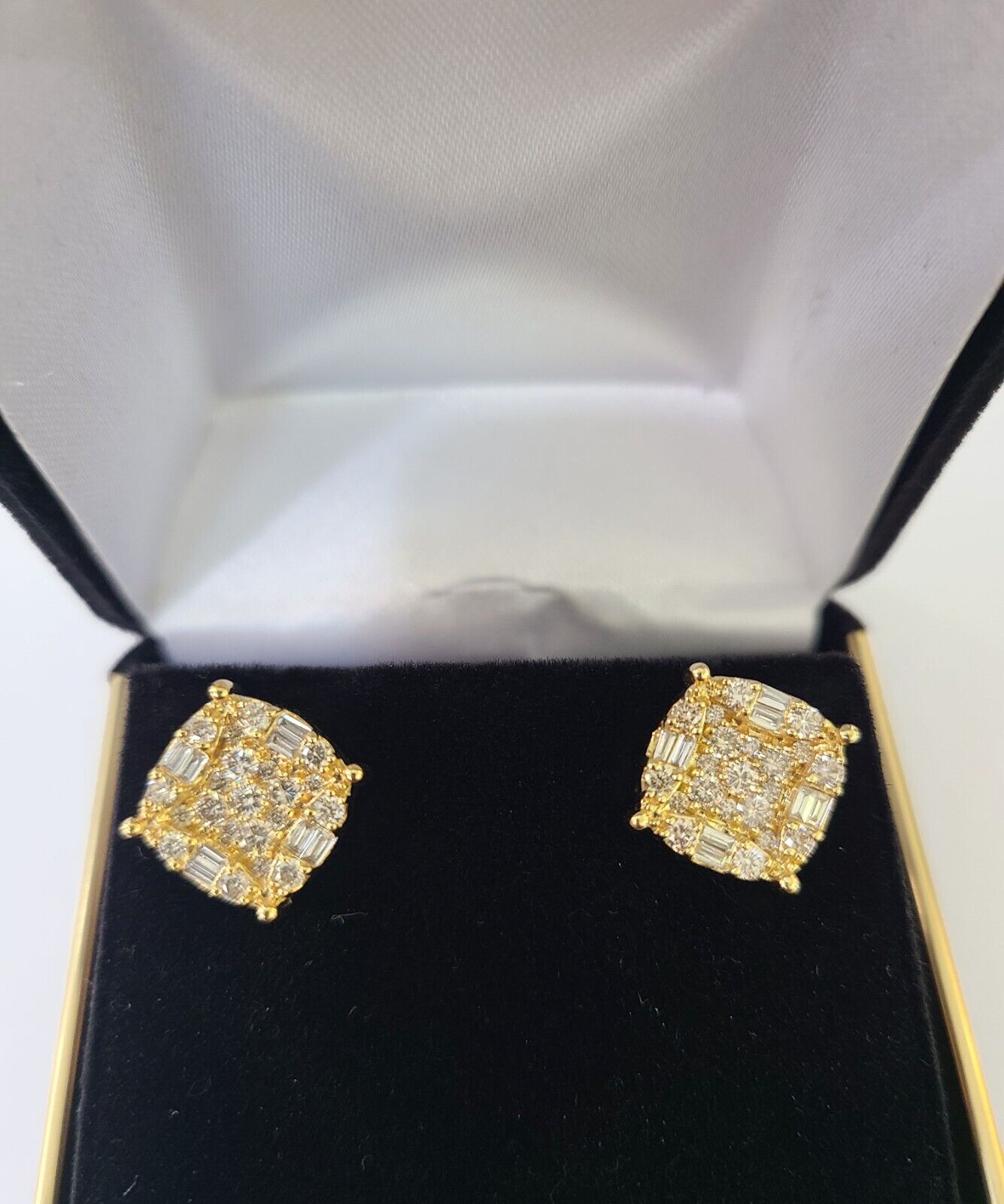 10k Yellow gold Flower Earrings Real Diamond screw-back Women Men studs