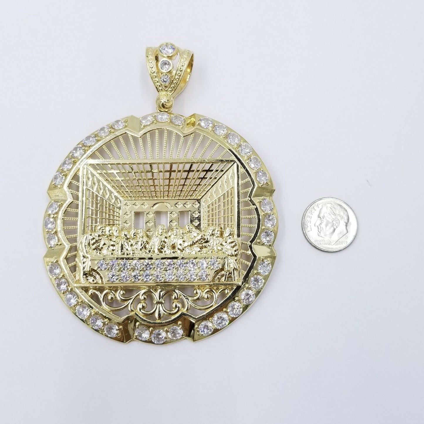 10k Yellow Gold Apostles Last Supper Round Pendant Diamond Cut Men 3.75" 75mm