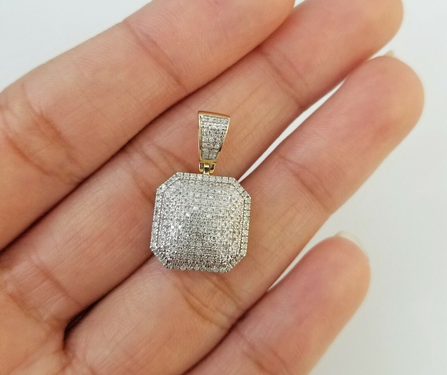 10K Yellow Gold 1/2 CT Real Diamond Pillow Charm 1"Inch Square 3D Dome Pendant