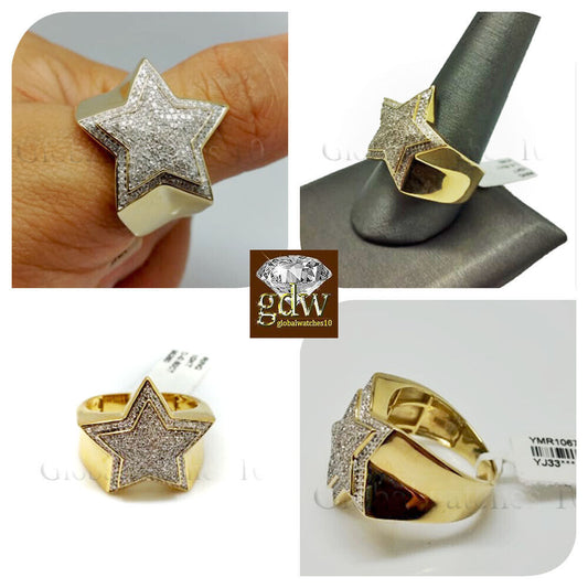 Real New 10k Yellow Gold Men's Star Shaped Casual Pinky Ring with Real Diamonds