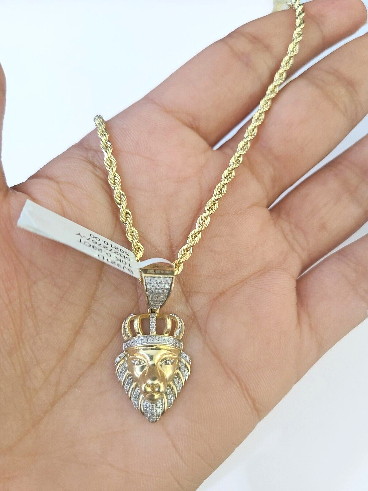 10k Gold Lion Head Diamond Charm and 2.5mm 22 Inches Rope Chain