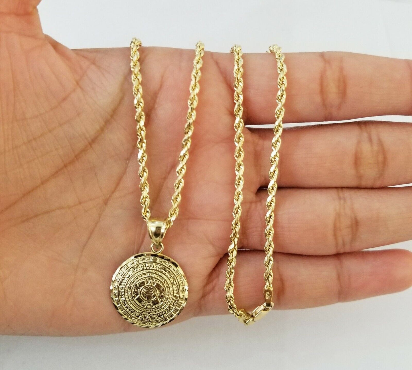 10k Yellow Gold Aztec Calendar charm 3mm rope chain Real Gold set