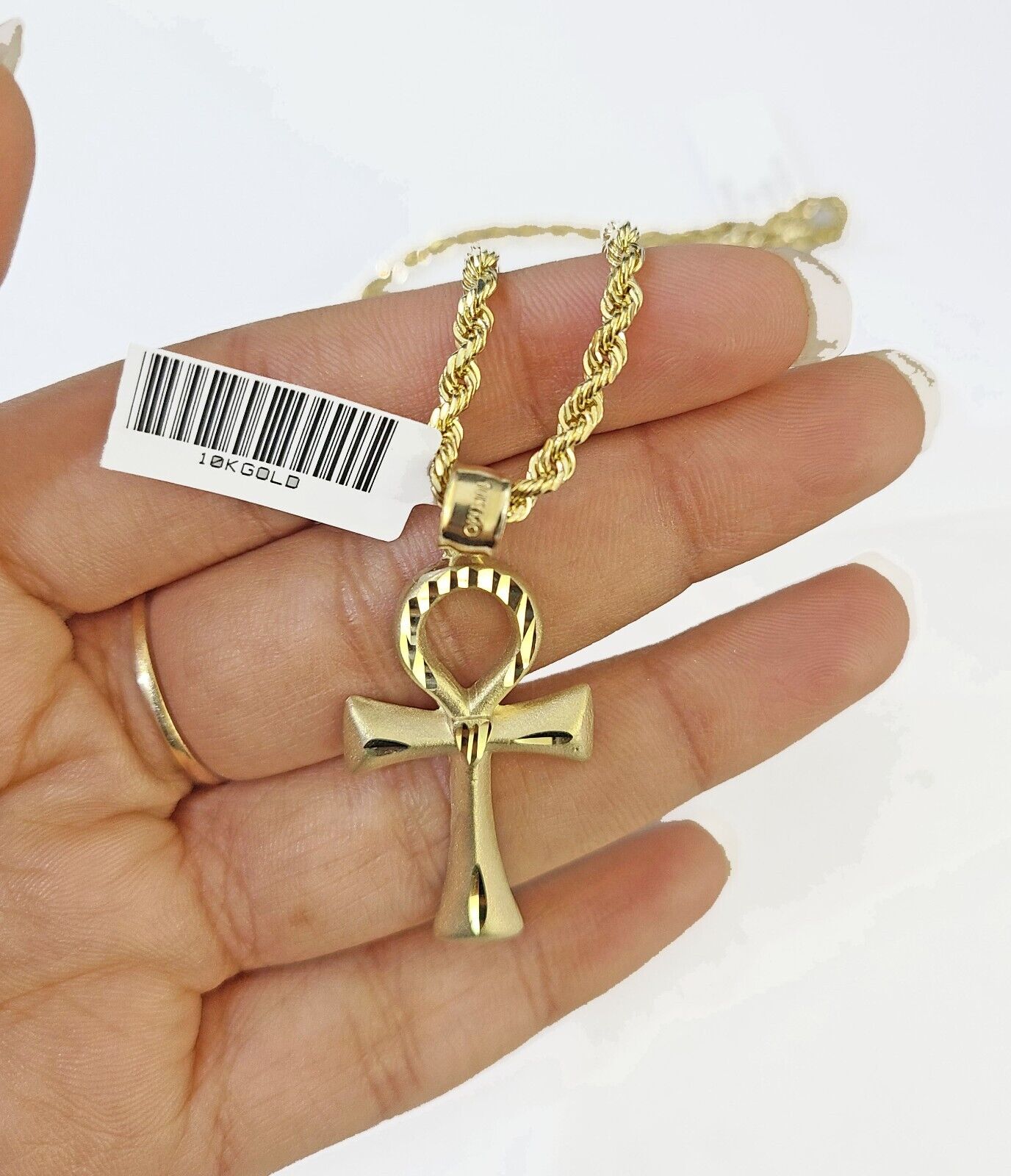 10k Gold Rope Chain & Ankh Cross Charm Pendent SET 3mm 24Inches Necklace