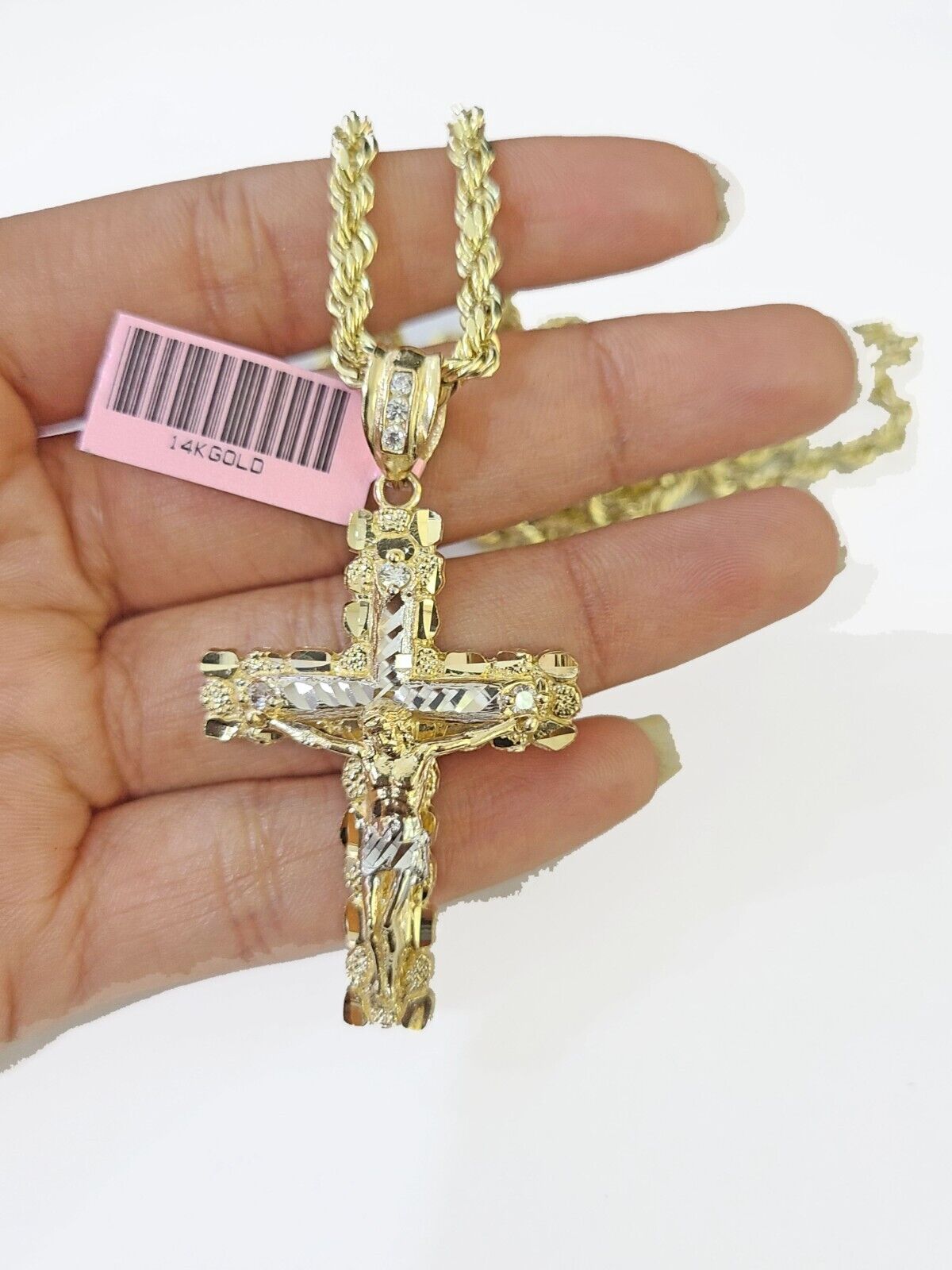 14k Yellow Gold Rope Chain & Jesus Nugget Cross Charm SET 4mm 26 Inches Necklace