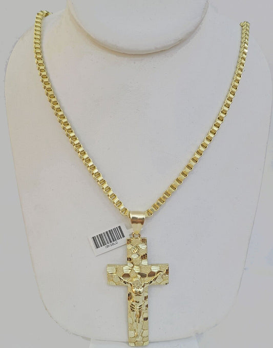 Real 10k Gold Nugget Cross Byzantine Necklace 4mm 20" Chain Charm SET 10kt