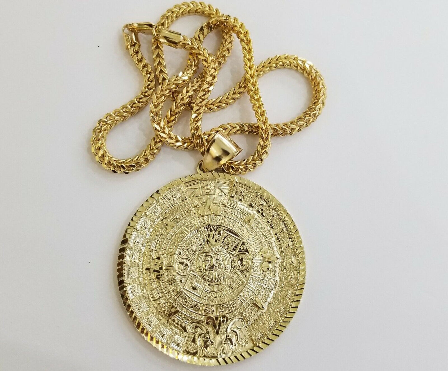 10k Real Gold Aztec Calendar Pendant Charm 3mm 20" 22" 24"  Franco Chain