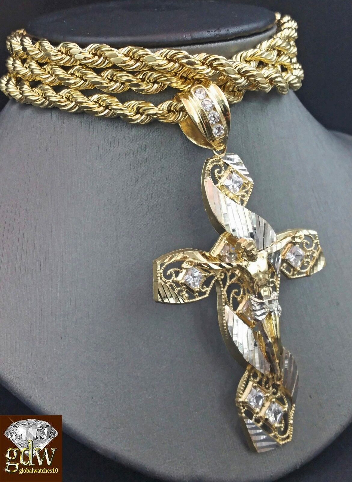 Real 10K Yellow Gold 28" Inch Rope Chain with Jesus Cross Charm Pendant  Men