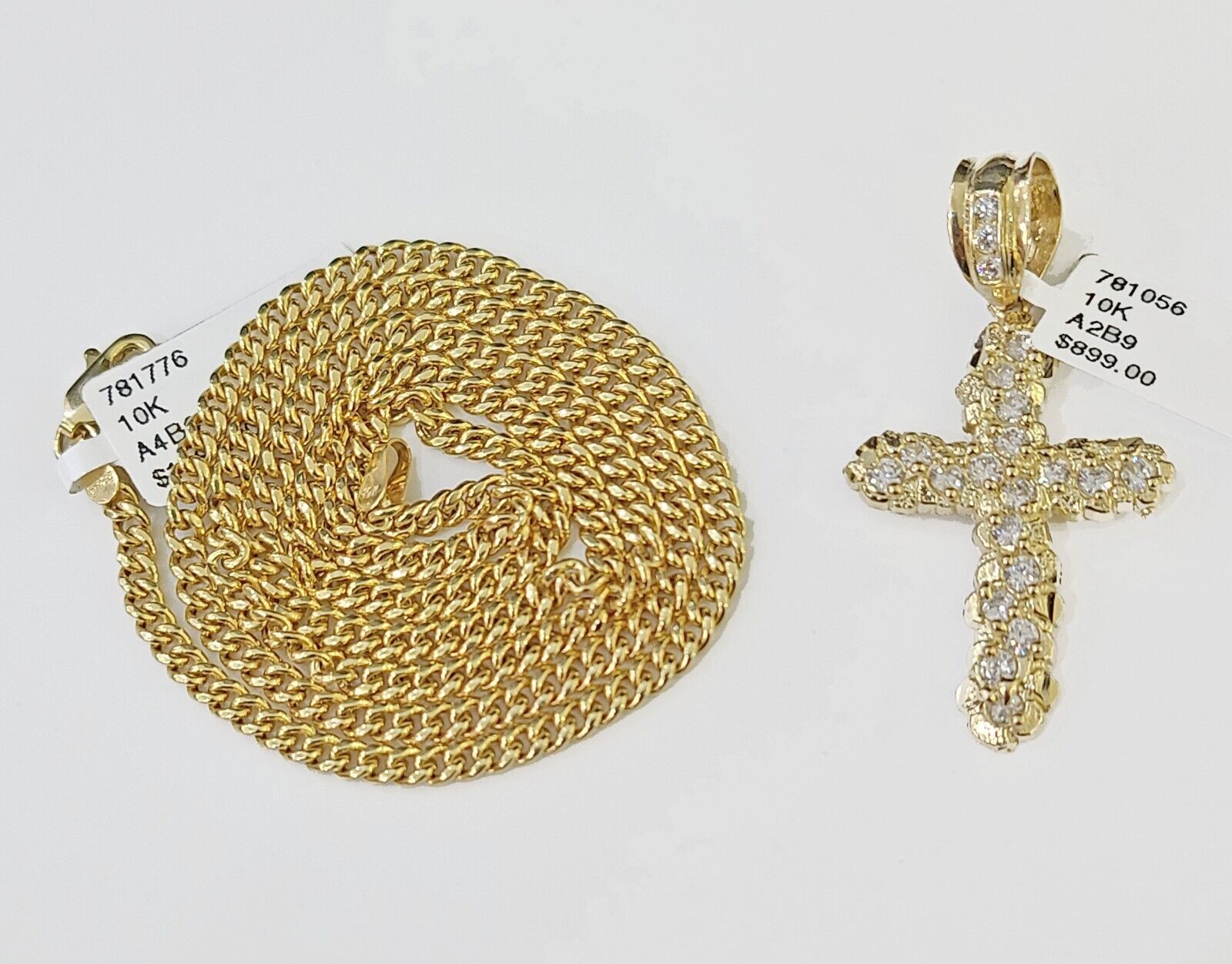 10k Gold Miami Cuban Chain & Cross Charm \ Pendent SET 3mm 20 Inches Necklace