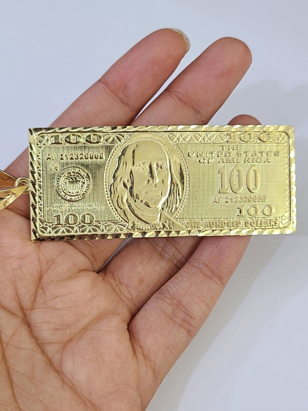 Real 10K Gold 100 Dollar Bill Charm Diamond Cut 10kt yellow Gold Charm