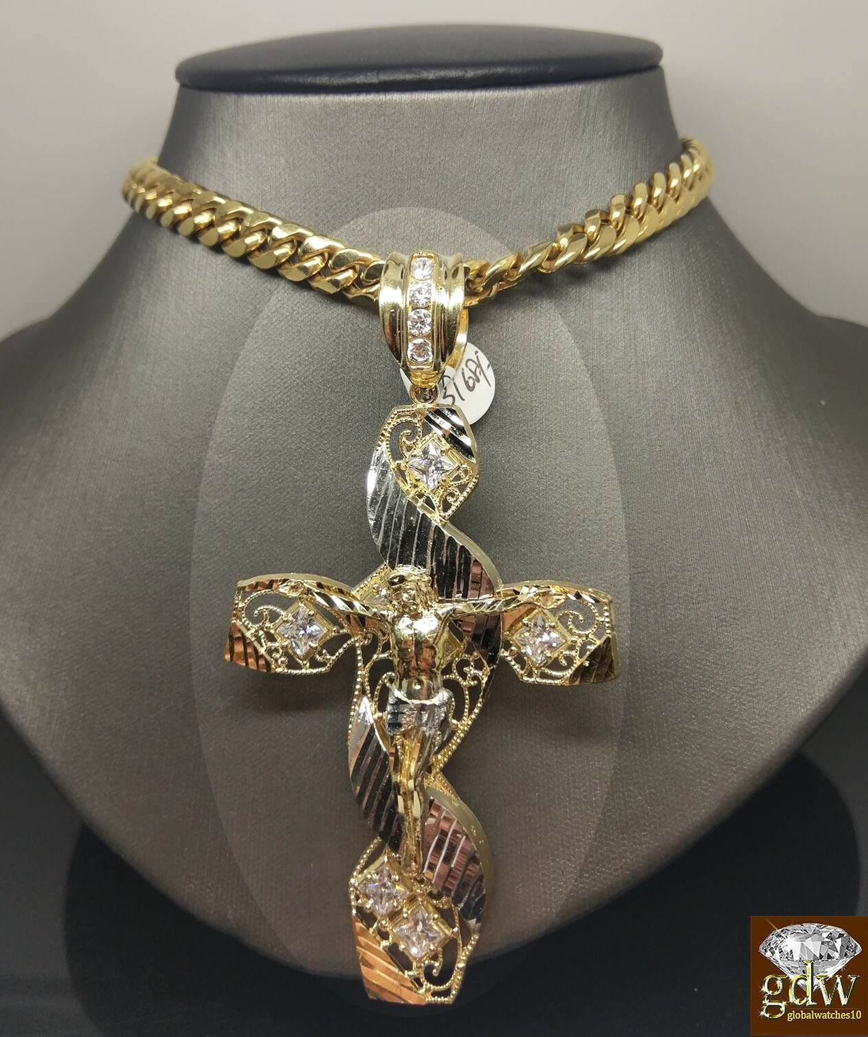 New 10k Yellow White Gold Jesus Crucifix Cross Pendent Diamond Cut