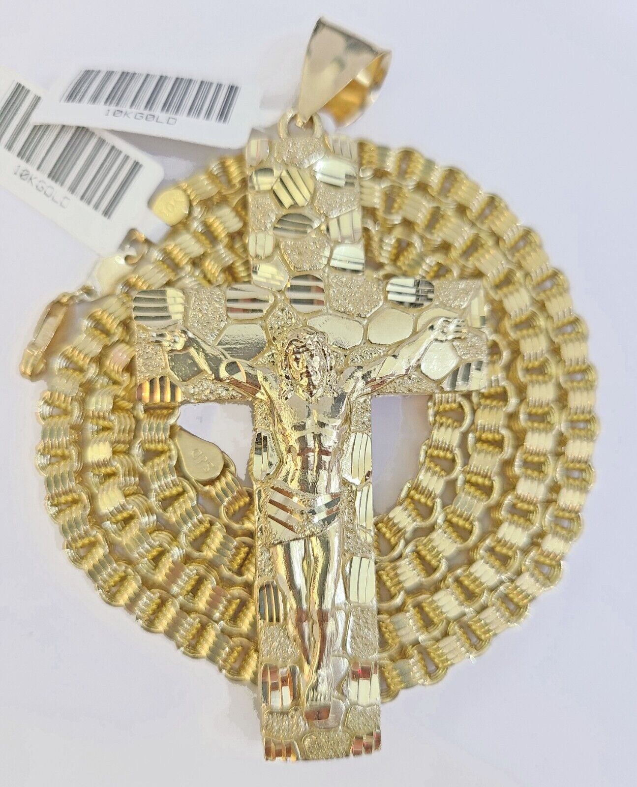 Real 10k Gold Nugget Cross Byzantine Chain Necklace 4mm 22" Chain Charm SET 10kt