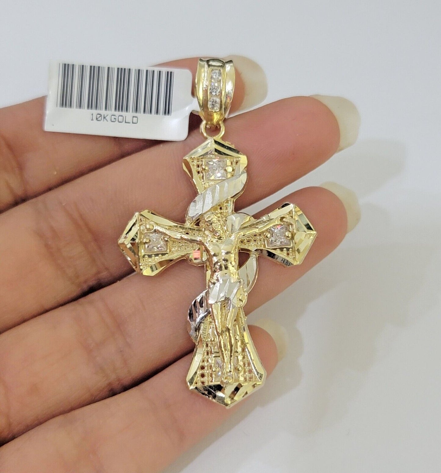 10k Yellow Gold Jesus Cross Spiral Charm pendant Diamond Cut Crucifix 2"