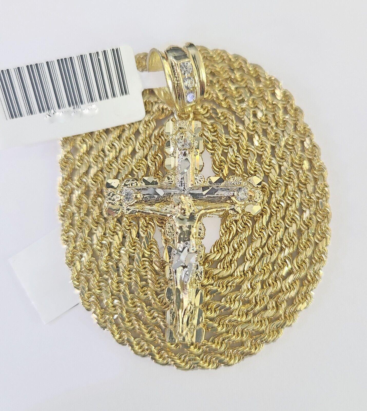 14k Yellow Gold Rope Chain 2.5mm 18Inches & Jesus Nugget Cross Charm SET