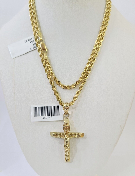 10k Gold INRI Jesus Pendant Rope Chain 3mm 24'' Necklace Set Real Genuine