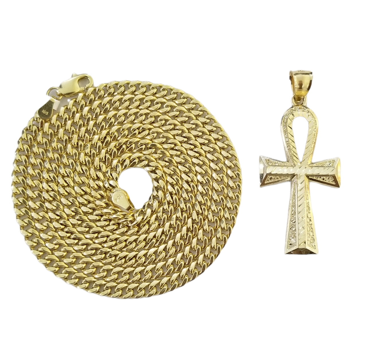 Real 10k Gold Ankh Cross Pendent 4mm Cuban Link Chain 18"20' 22" 24" 26" SET