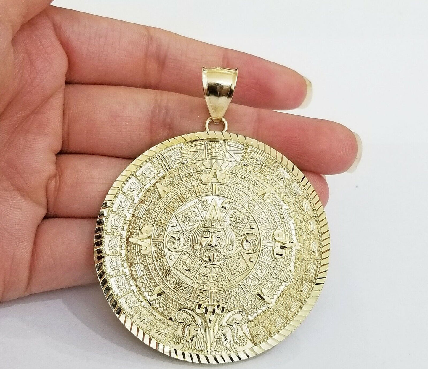 10k Real Gold Aztec Calendar Pendant Charm 3mm 20" 22" 24"  Franco Chain