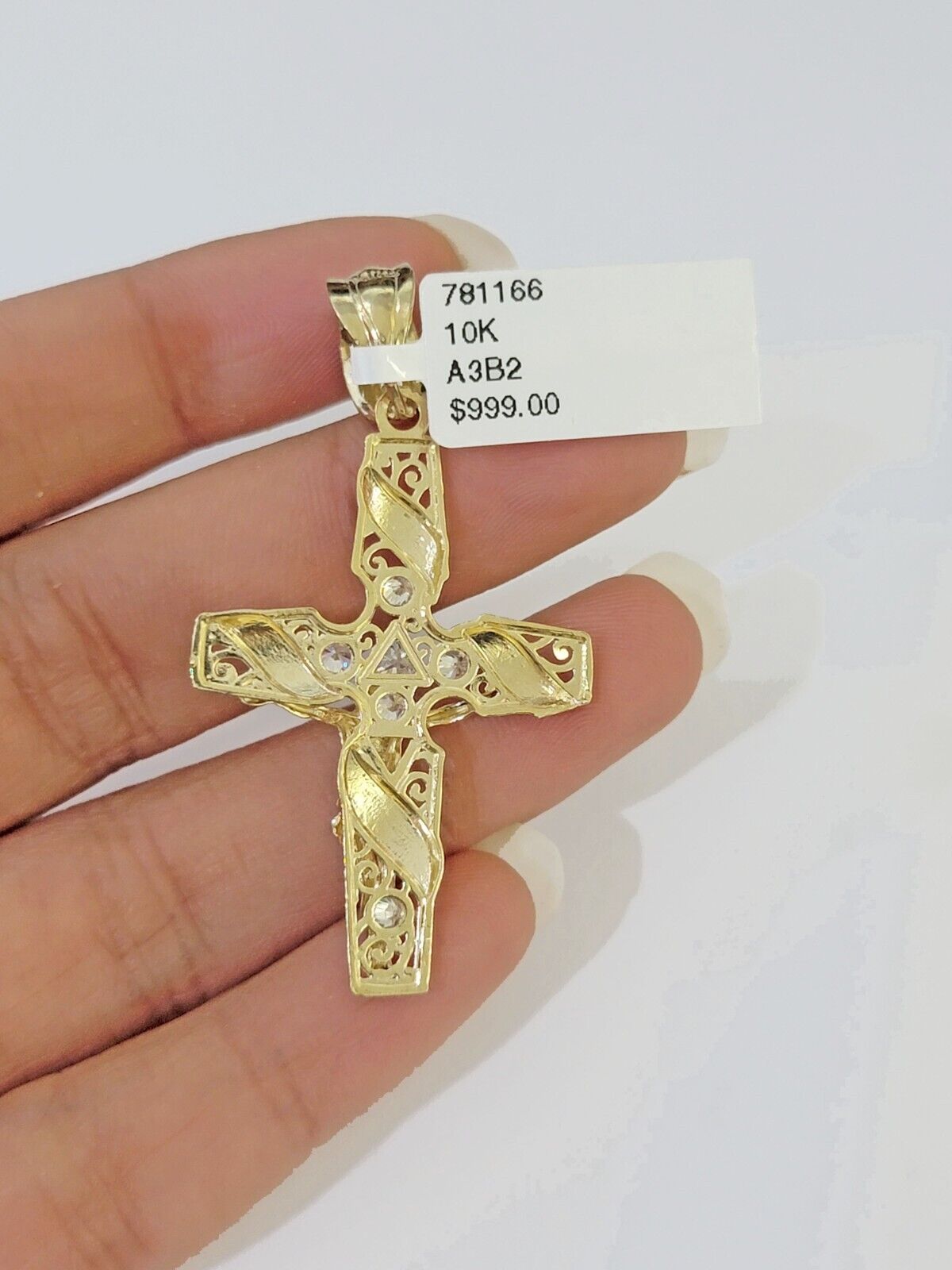 10k Yellow Gold Jesus Cross Spiral Charm pendant Diamond Cut Crucifix