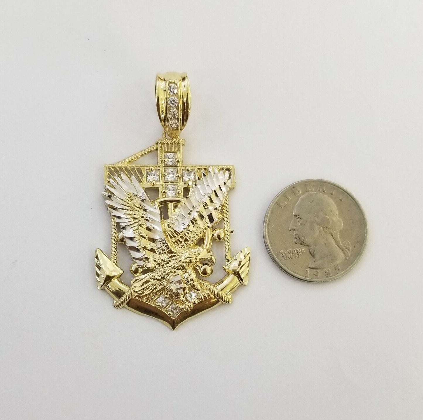 Real 10k Yellow Gold American Eagle Anchor Pendant 2 inches Charm