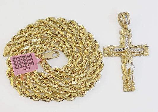14k Yellow Gold Rope Chain & Nugget Cross Charm Pendent SET 5mm 22 Inch Necklace