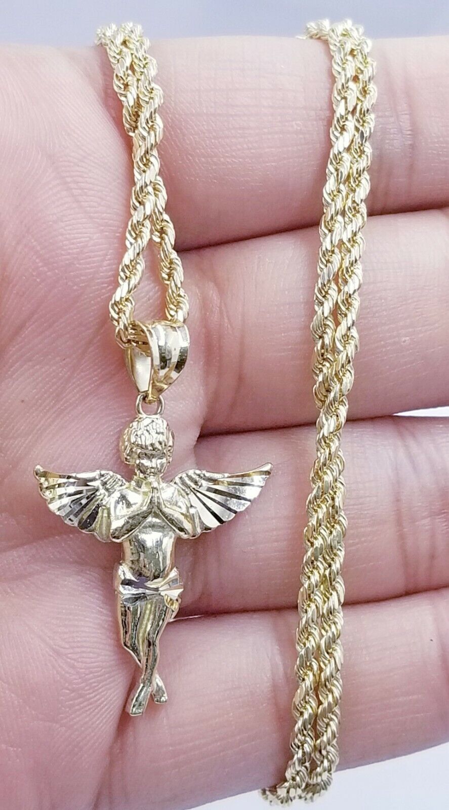 10k Yellow Gold Rope Chain, Angel Charm Pendant Necklace Set 18"- 28" Real 10kt