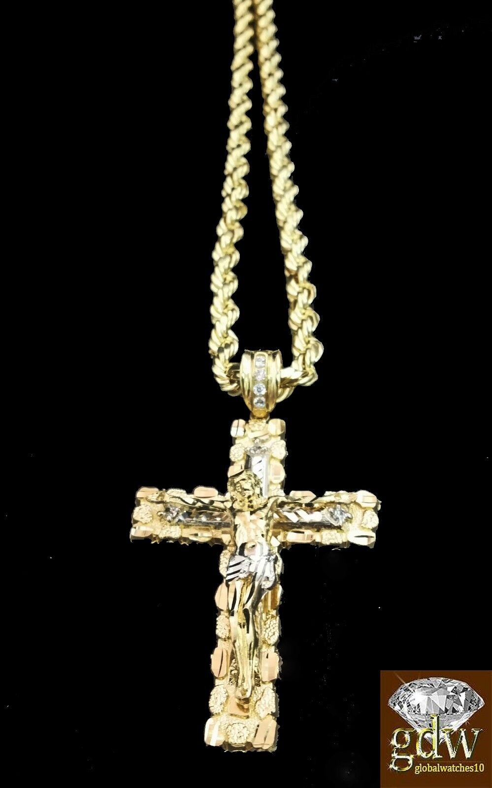 Real 10K Yellow Gold 28" Inch Rope Chain Necklace Cross Pendant Charm