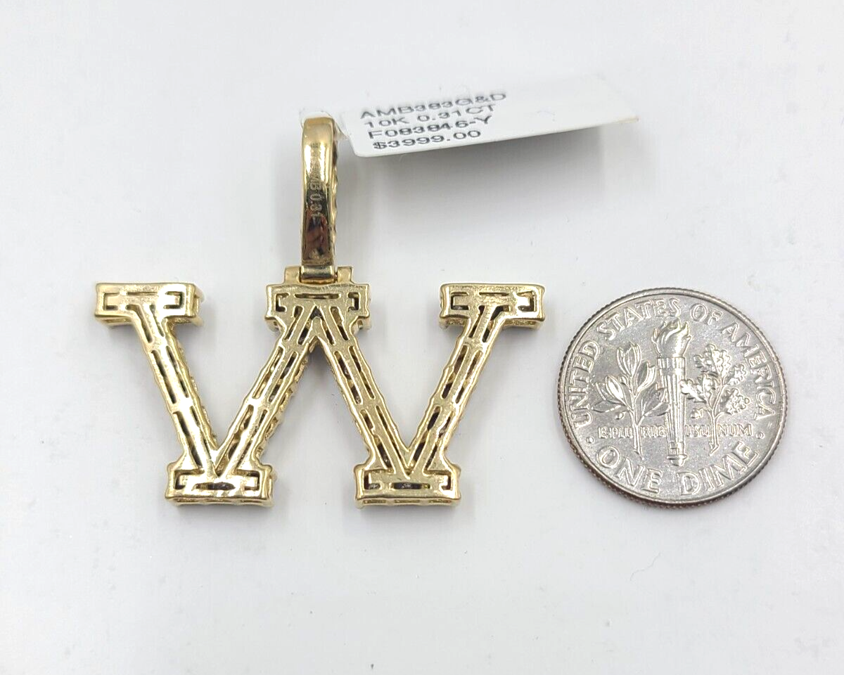 Real 10k Gold & Diamond Letter W Initial Alphabet Charm Pendant 1.25".