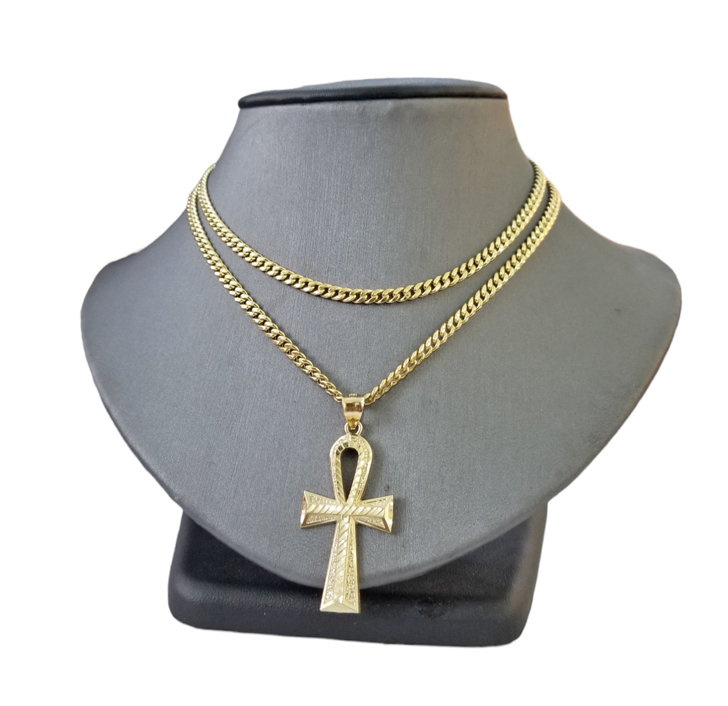 Real 10k Gold Ankh Cross Pendent 4mm Cuban Link Chain 18"20' 22" 24" 26" SET