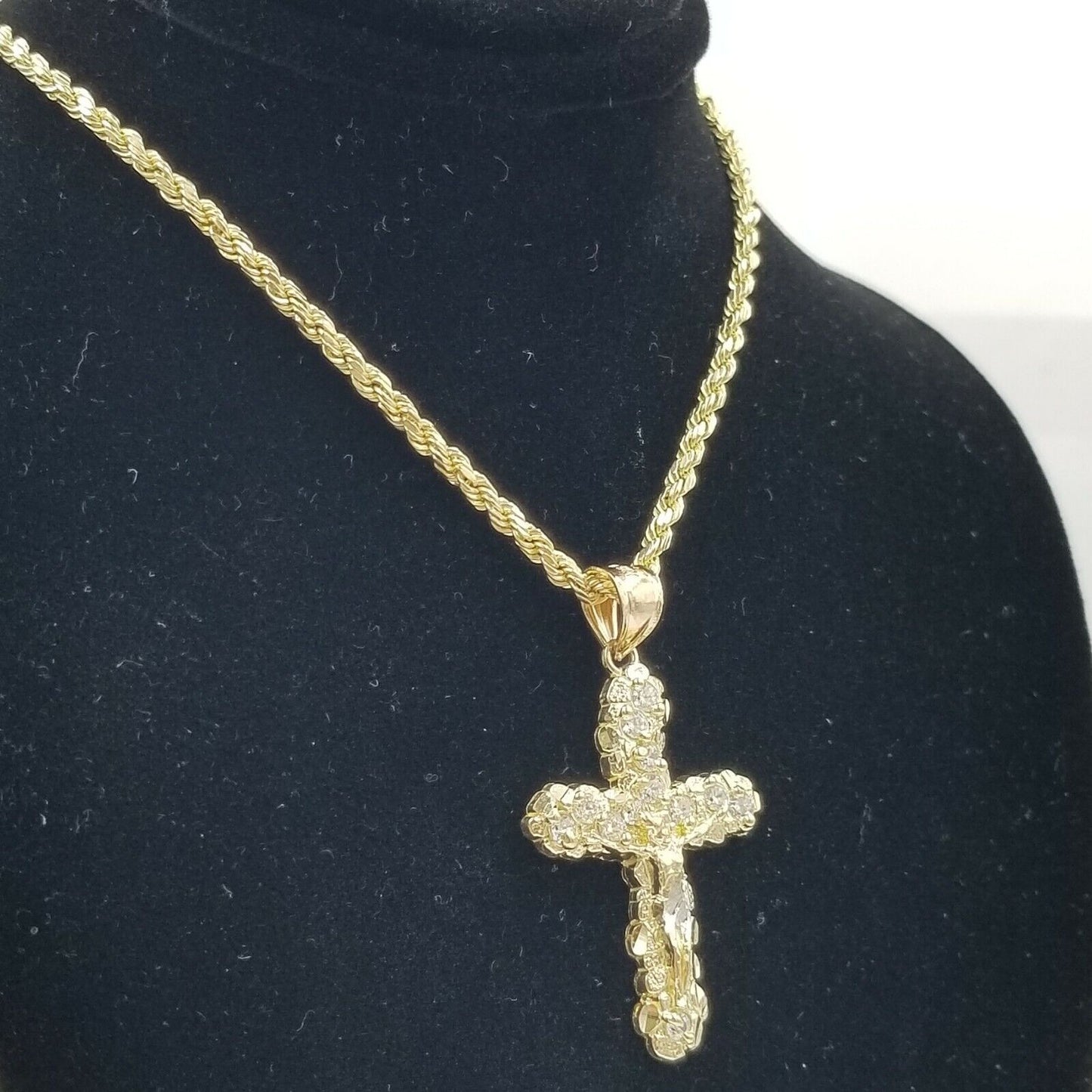 10k Yellow Gold Crucifix Cross Jesus Pendant Rope Chain 18" 20" 22" 24" 26"