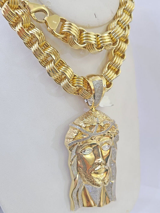 10k Gold Jesus Head Pendant Byzantine Chain 12mm 26'' Necklace Set Real Genuine