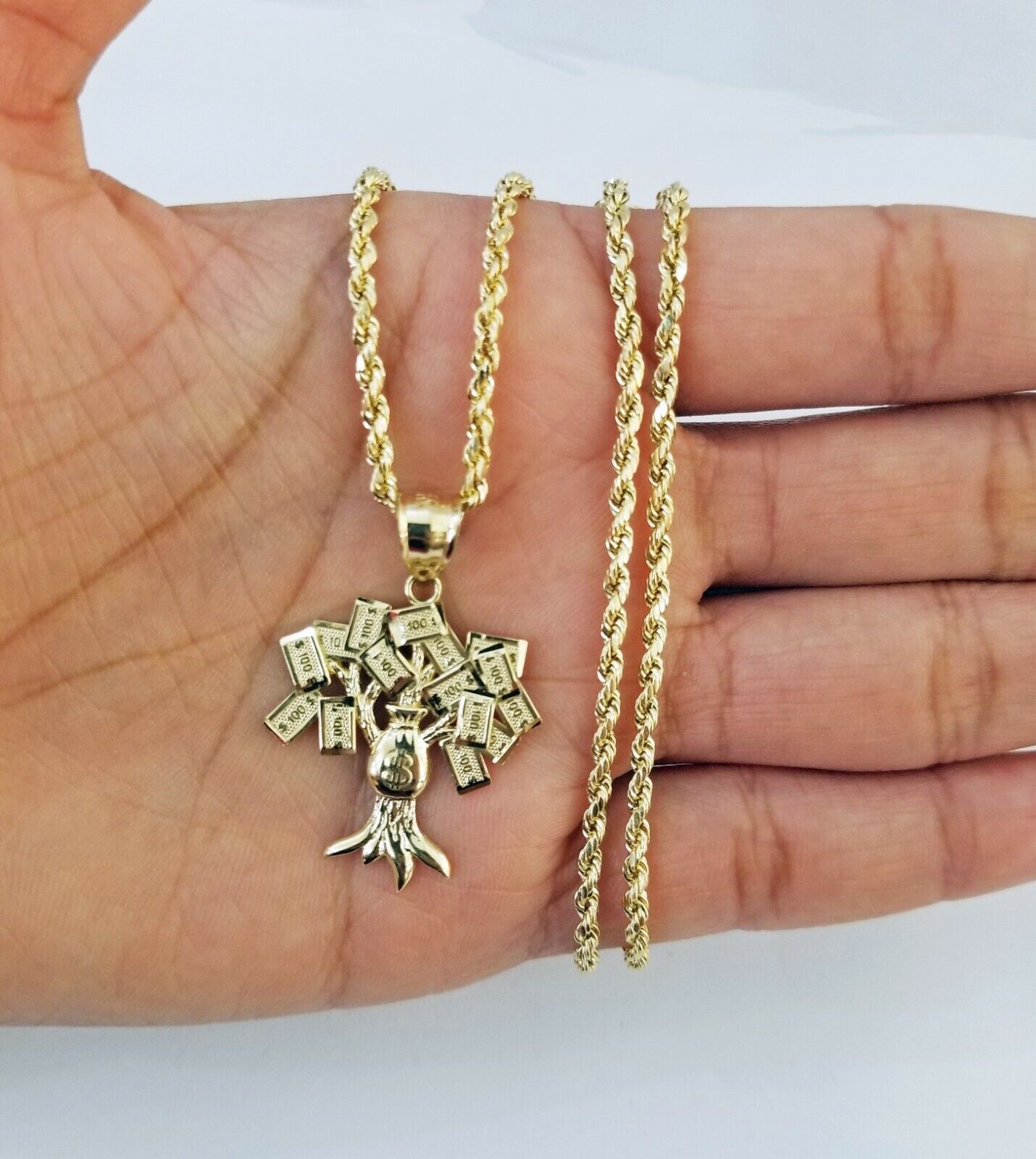 10k Yellow Gold Money Tree Pendant with 18 inch rope chain 3mm 10kt gold set