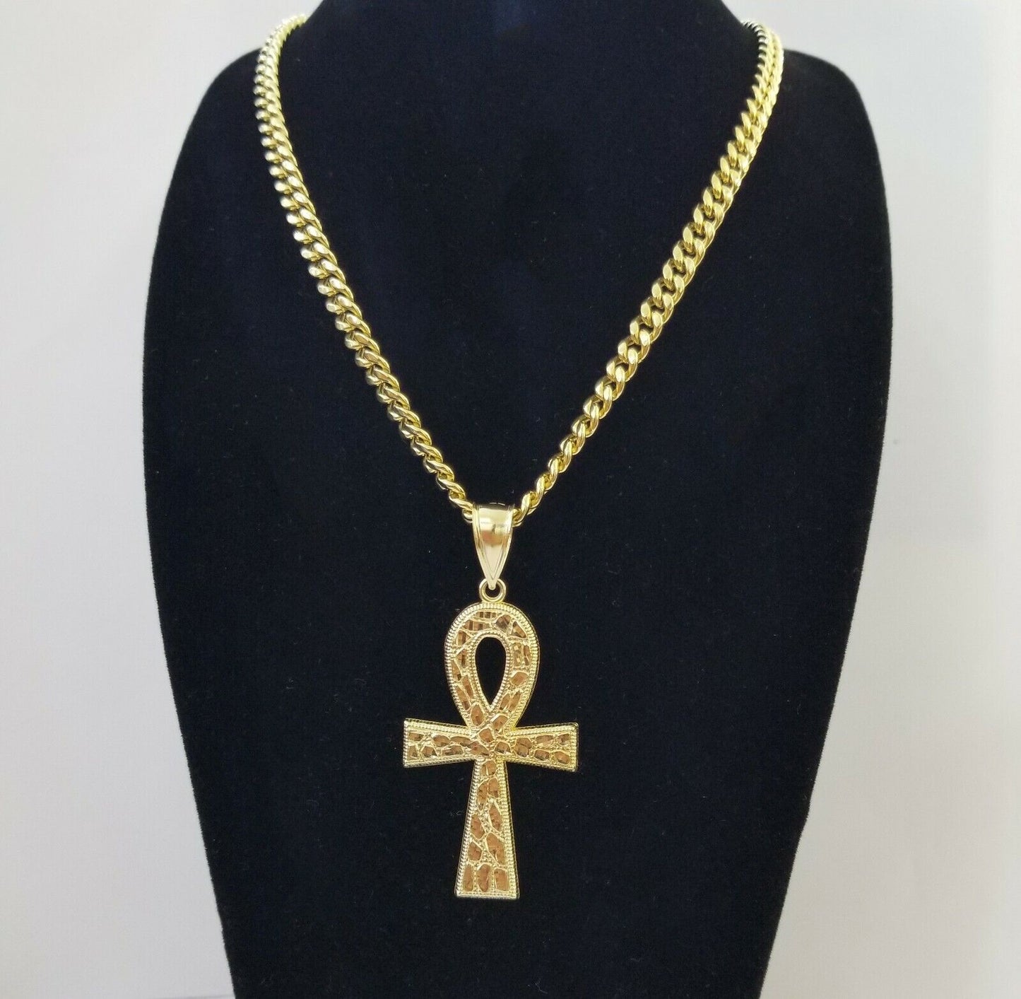 Real 10k Yellow Gold Men Ankh Cross Charm 20" Inch 6mm Miami Cuban Chain