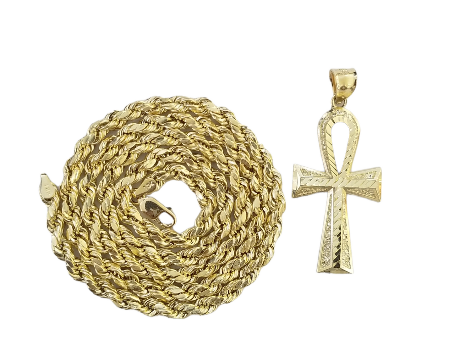 10K Gold Ankh Cross Egyptian Symbol Pendant Charm 4mm Rope Chain 20" Inch