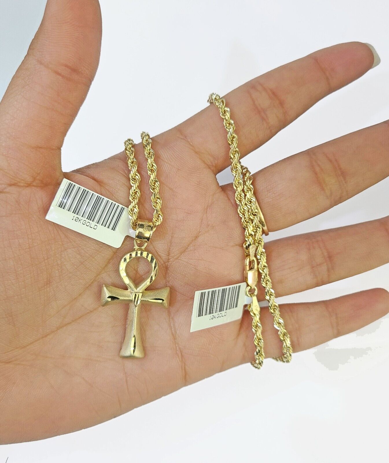 10k Gold Rope Chain & Ankh Cross Charm Pendent SET 3mm 24Inches Necklace