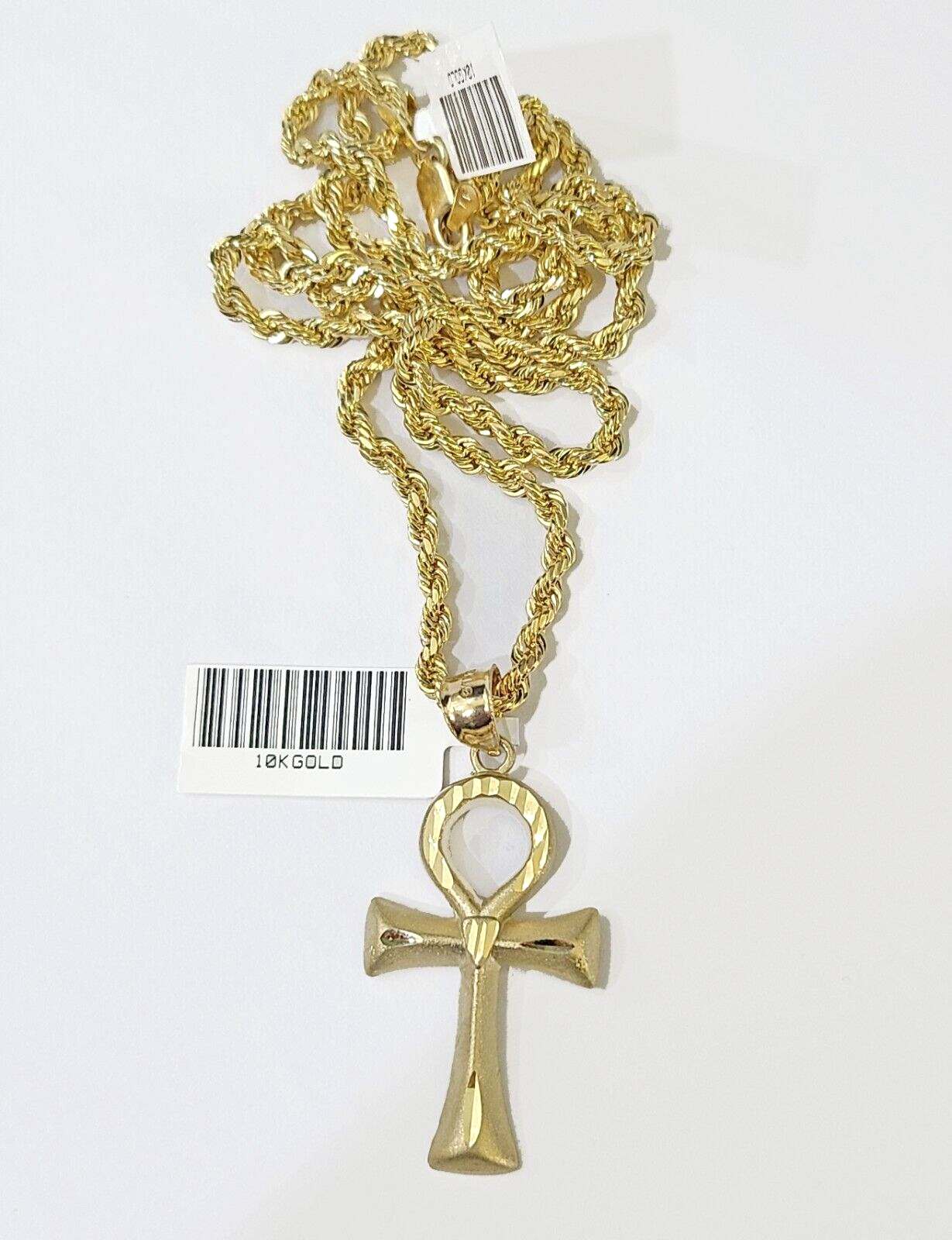 10k Gold Rope Chain & Ankh Cross Charm Pendent SET 3mm 24Inches Necklace