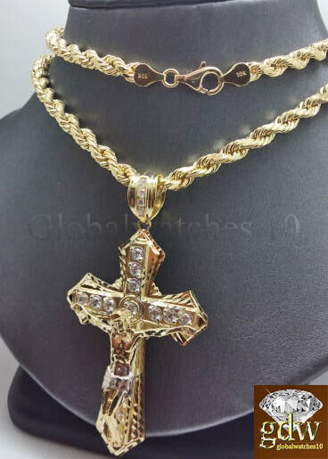 Real 10k Gold Men's Jesus Crucifix Cross Pendent Charm with 28 Inch Rope Chain.