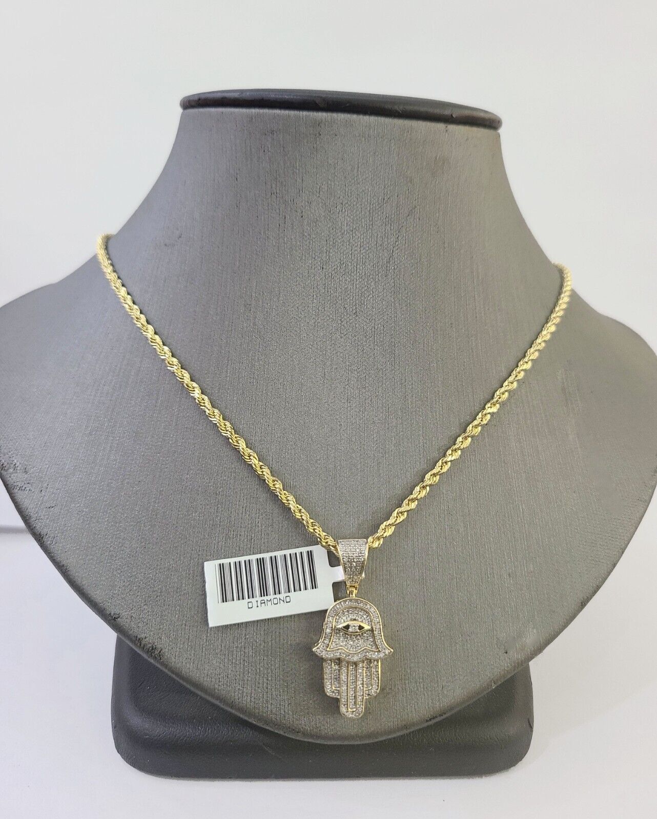 10k Yellow Gold & Diamond Hamsa Hand Charm and 22" inches Rope Chain