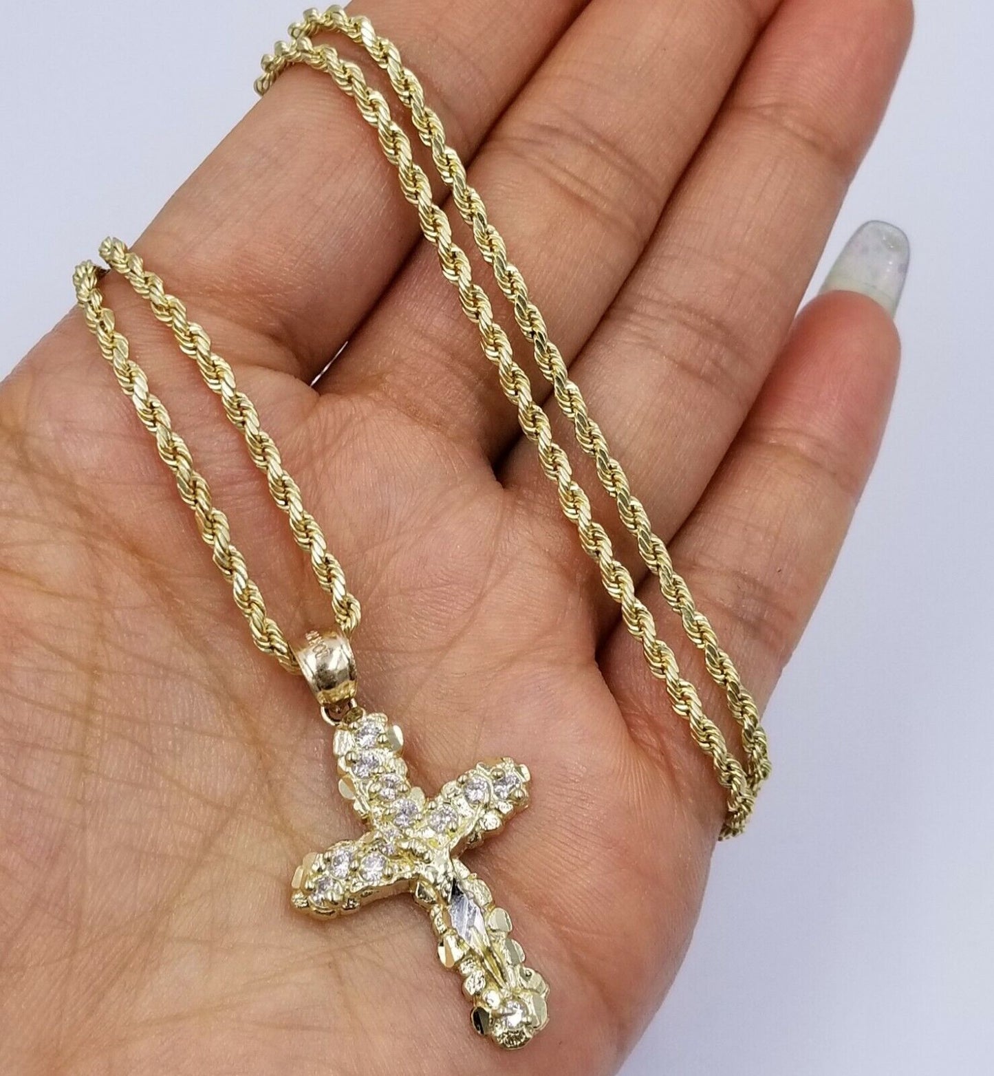 10k Yellow Gold Crucifix Cross Jesus Pendant Rope Chain 18" 20" 22" 24" 26"