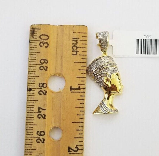 Real Diamond Egyptian Queen Nefertiti Pendant 10K Yellow Gold Charm Men