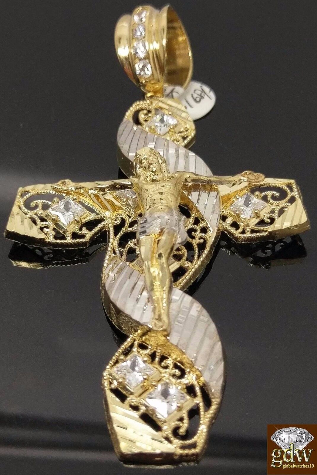 New 10k Yellow White Gold Jesus Crucifix Cross Pendent Diamond Cut