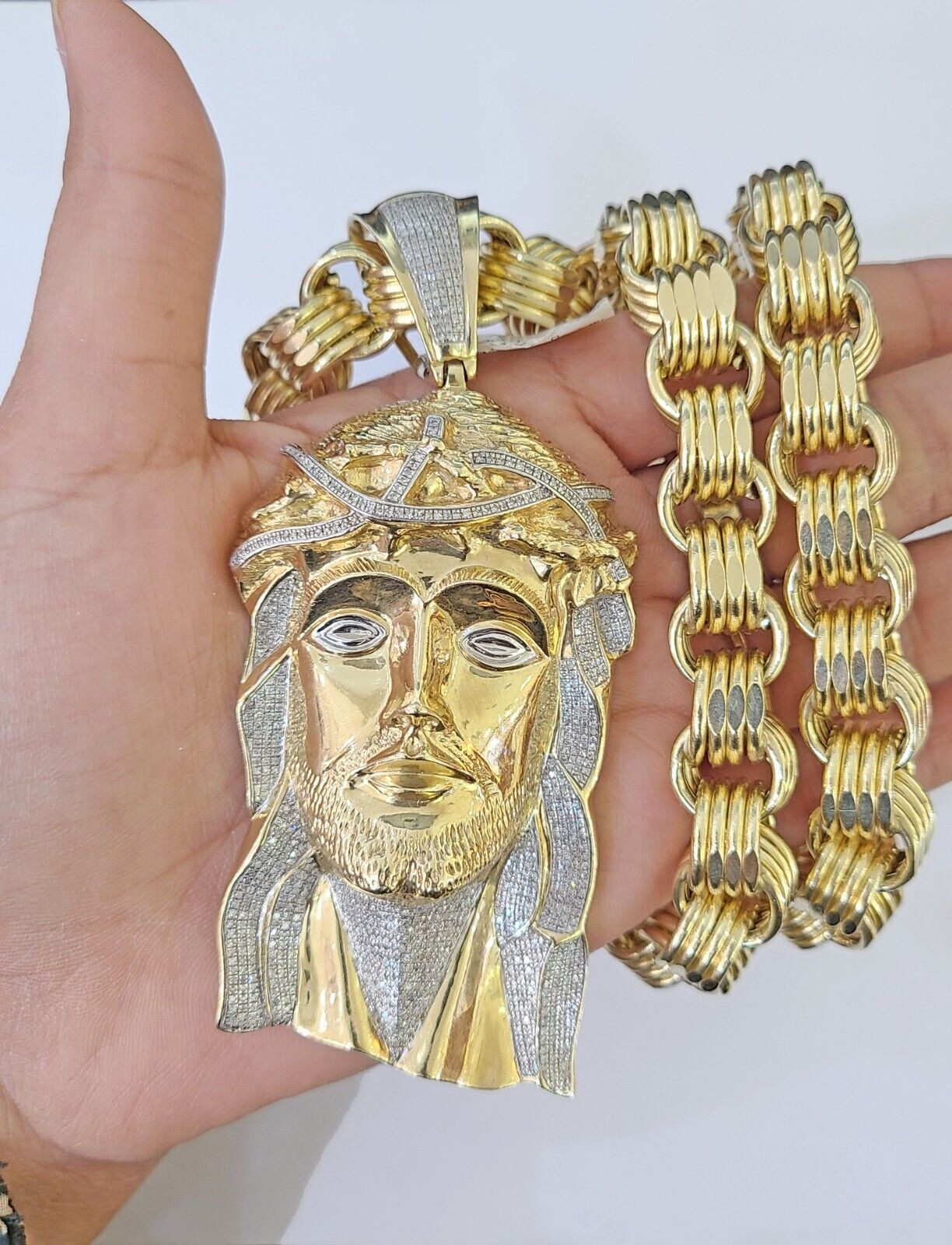 10k Gold Jesus Head Pendant Byzantine Chain 12mm 26'' Necklace Set Real Genuine