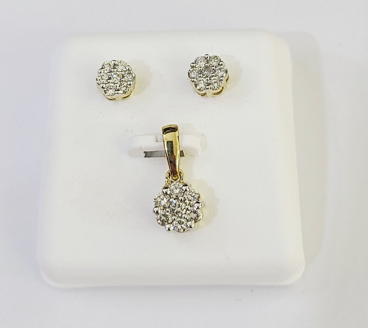 10k Gold Diamond Flower Earrings pendant Box Chain SET 22" Inch 1mm For Ladies