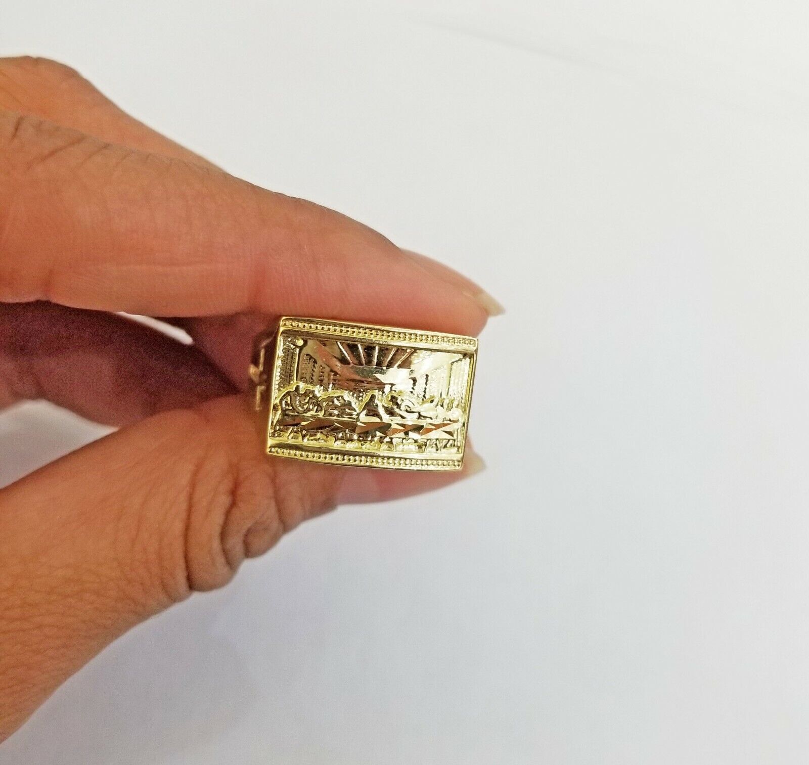 10k Real Yellow Gold Last Supper Ring Men Ring Size 10 Sizable Cross design