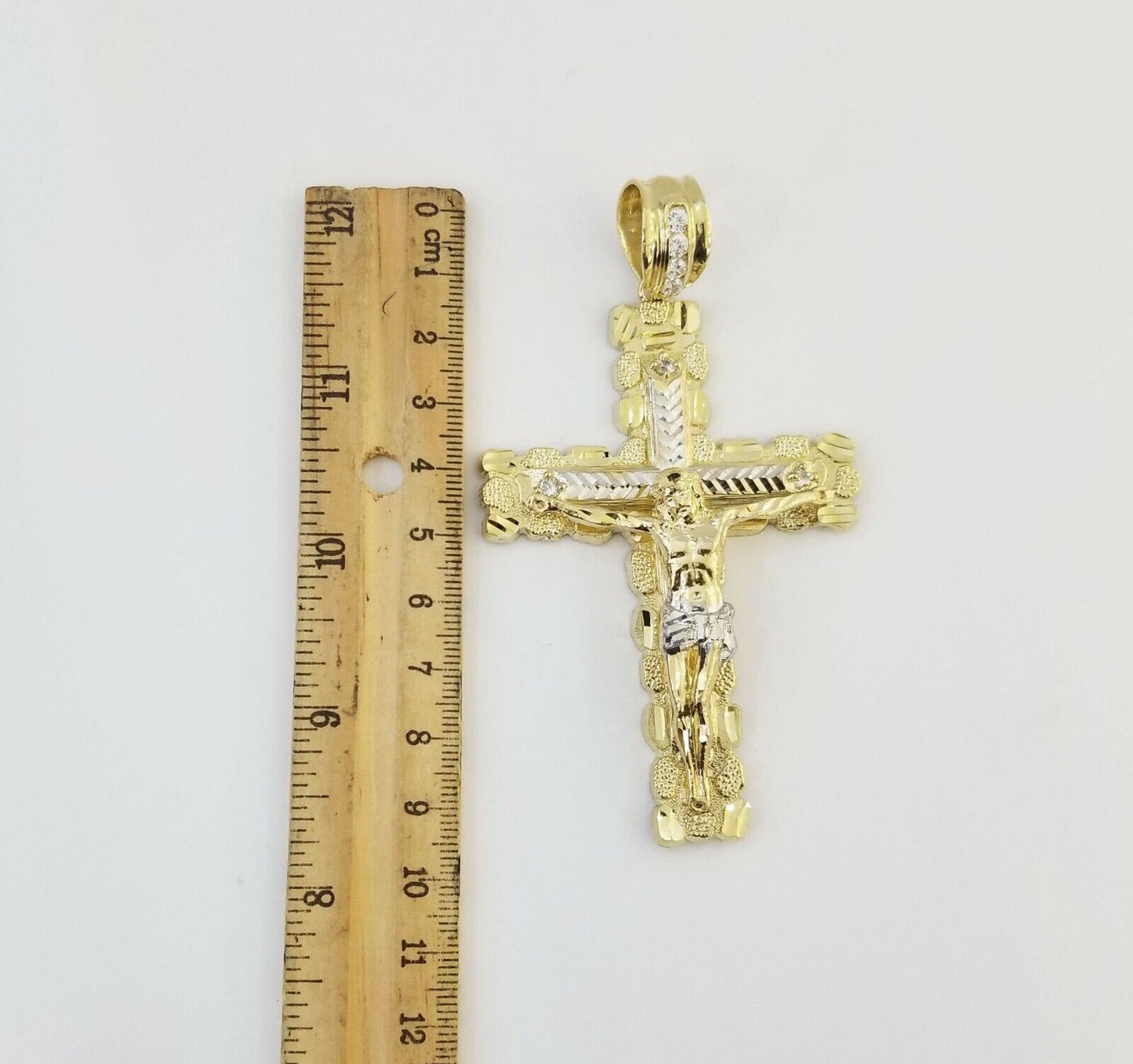 Mens Real10K Gold Nugget Cross Pendant Diamond Cut,10kt yellow Gold Charm