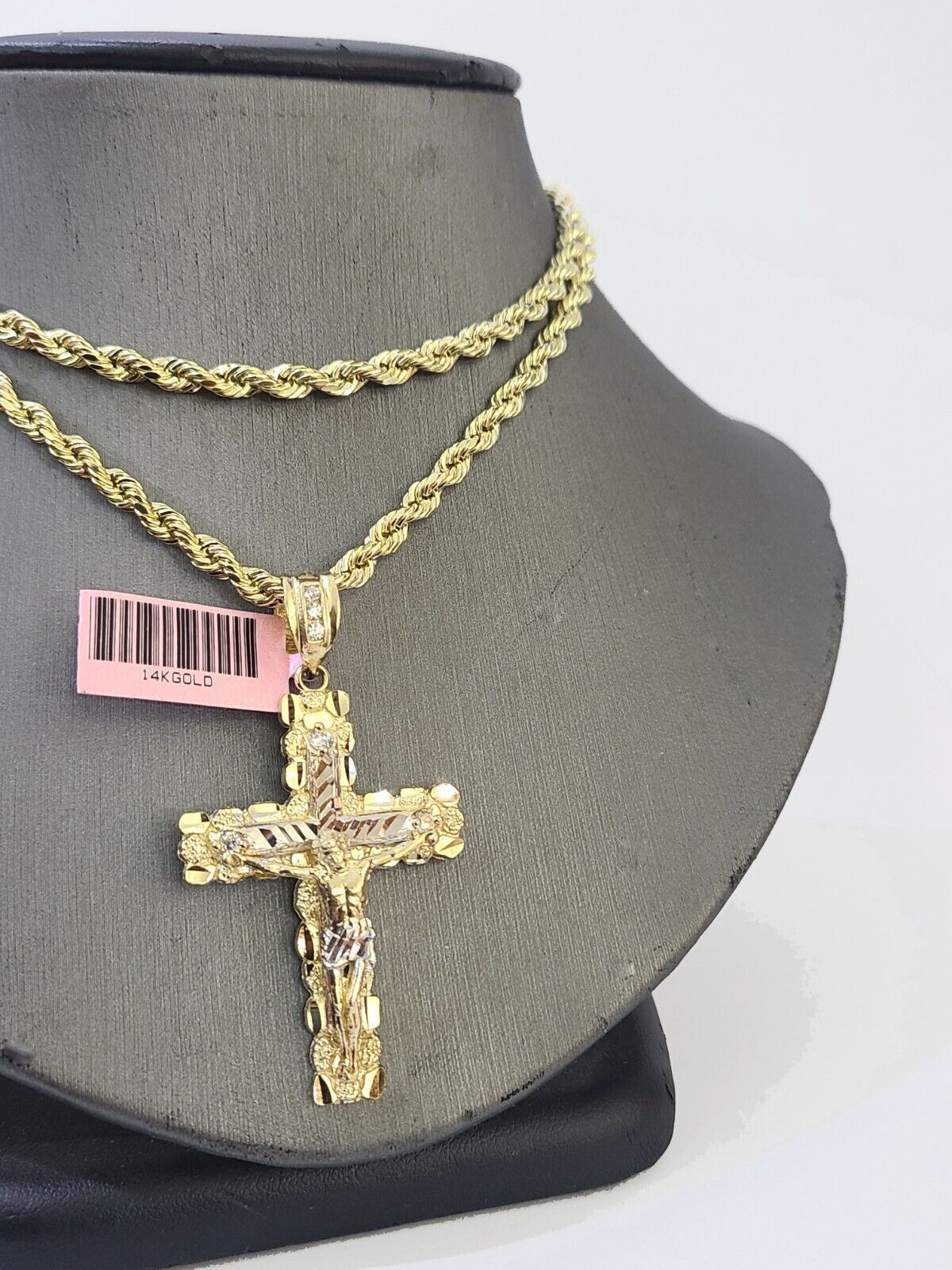 14k Yellow Gold Rope Chain & Jesus Nugget Cross Charm SET 3mm 26 Inches Necklace